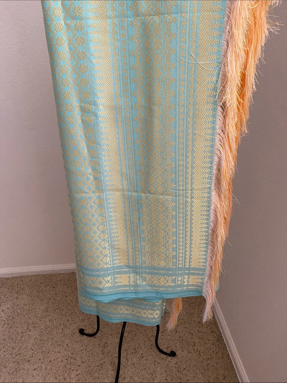 Ornate Aqua and Gold Woven Tablecloth with Fringe Trim